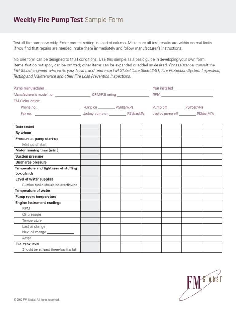 Fm global weekly fire pump test sample form pdf