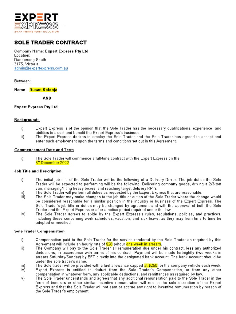 Sole Trader Contract - NSW | PDF | Employment | Non Disclosure Agreement