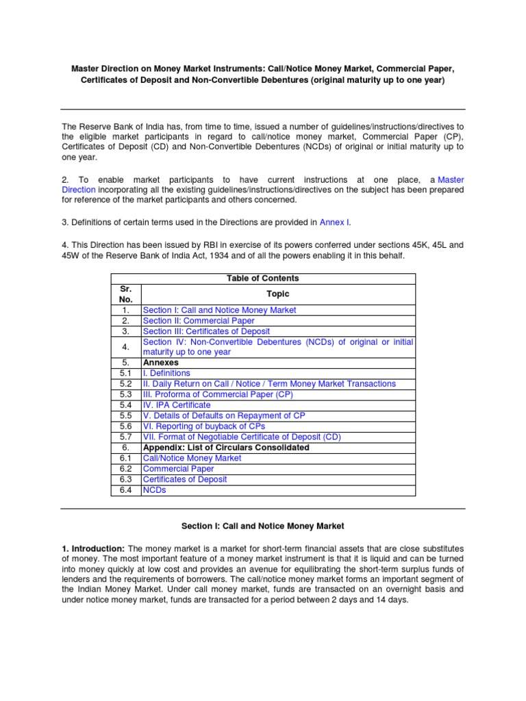RBI Guidelines on Money Market Instruments | PDF | Reserve Bank Of ...