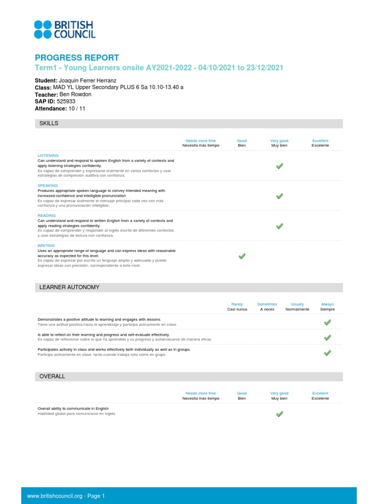 Joaquin Ferrer Herranz English Progress Report | PDF | English Language ...