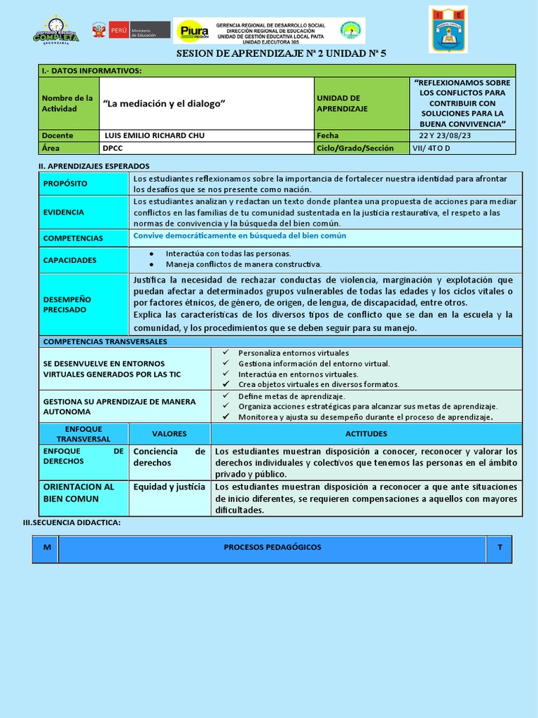 Sesion N 3 DPCC Uni 5 4to D | PDF | Aprendizaje | Mediación