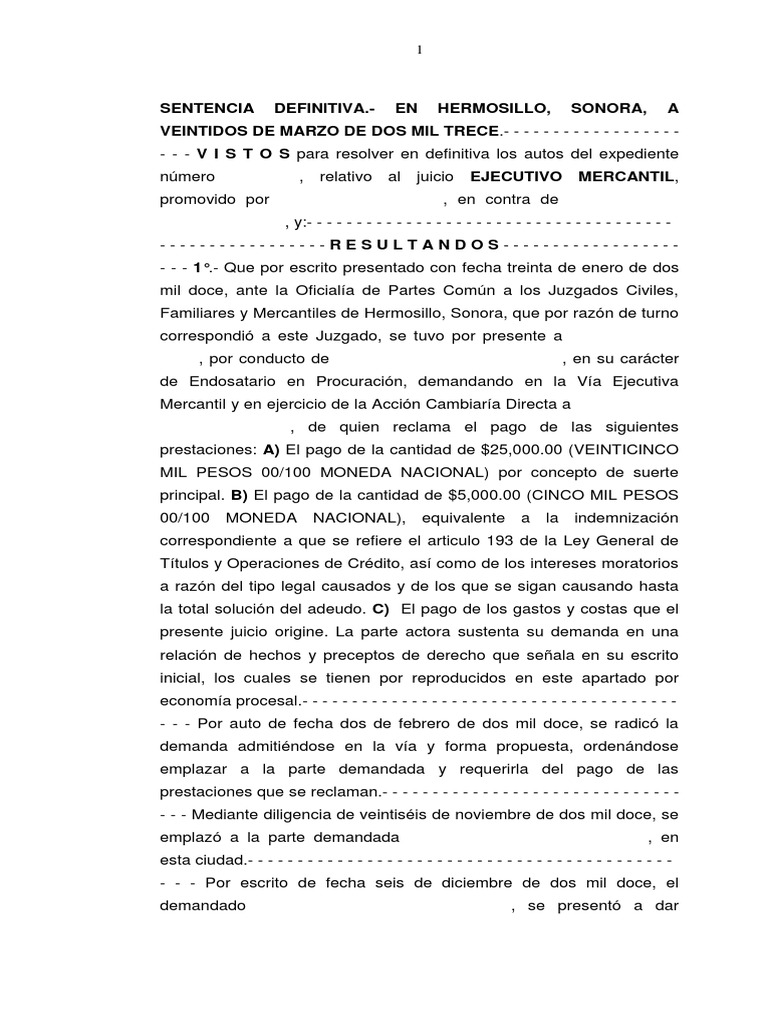 Sentencia Juicio Ejecutivo Mercantil 3 | PDF | Instrumento negociable