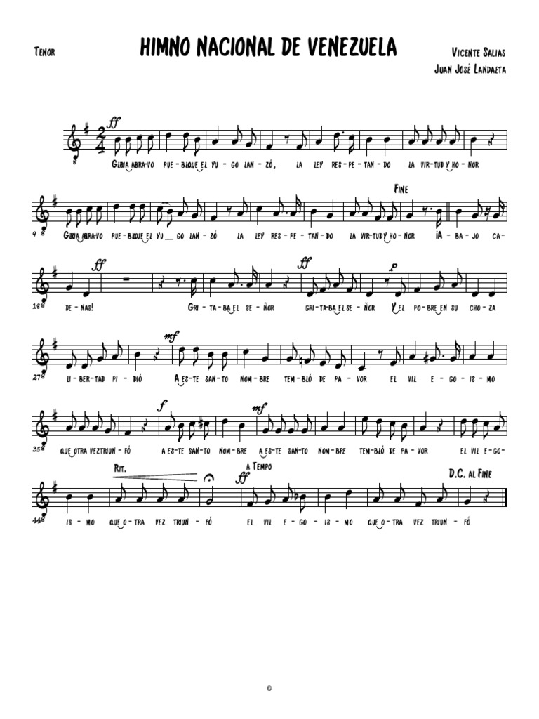 Himno Nacional De Venezuela Tenor Pdf Musica Latinoamericana