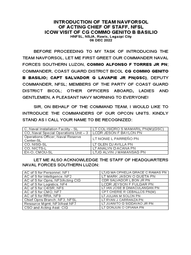 Intro To Team NFSL To CG District Bicol | PDF