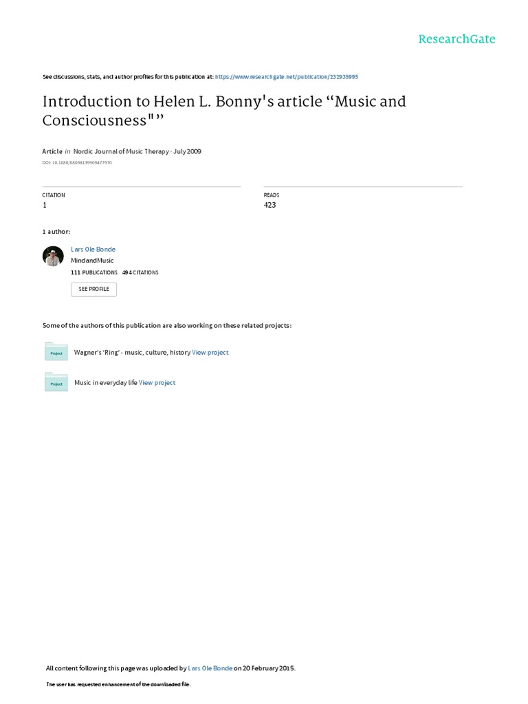 BONDE 1999 Introduction to Helen Bonny's article on Music and