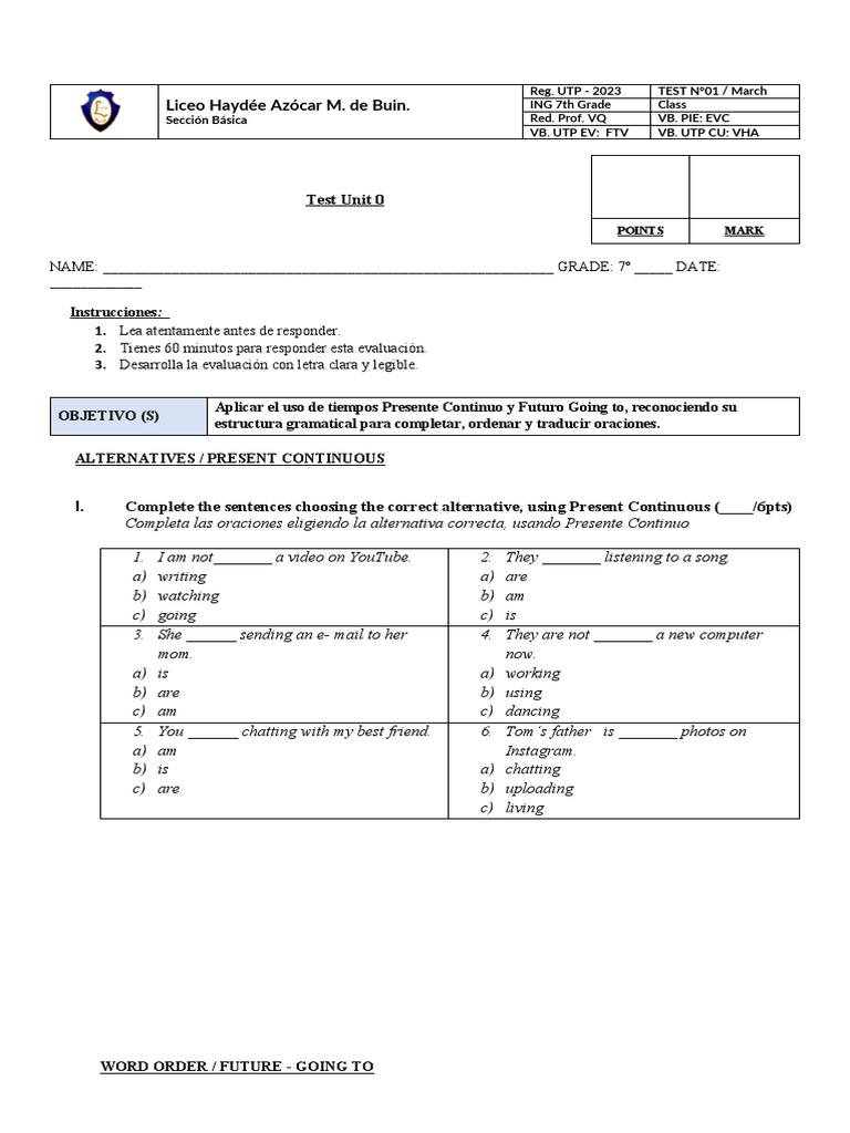 UNIT 0 7TH GRADE TEST PDF