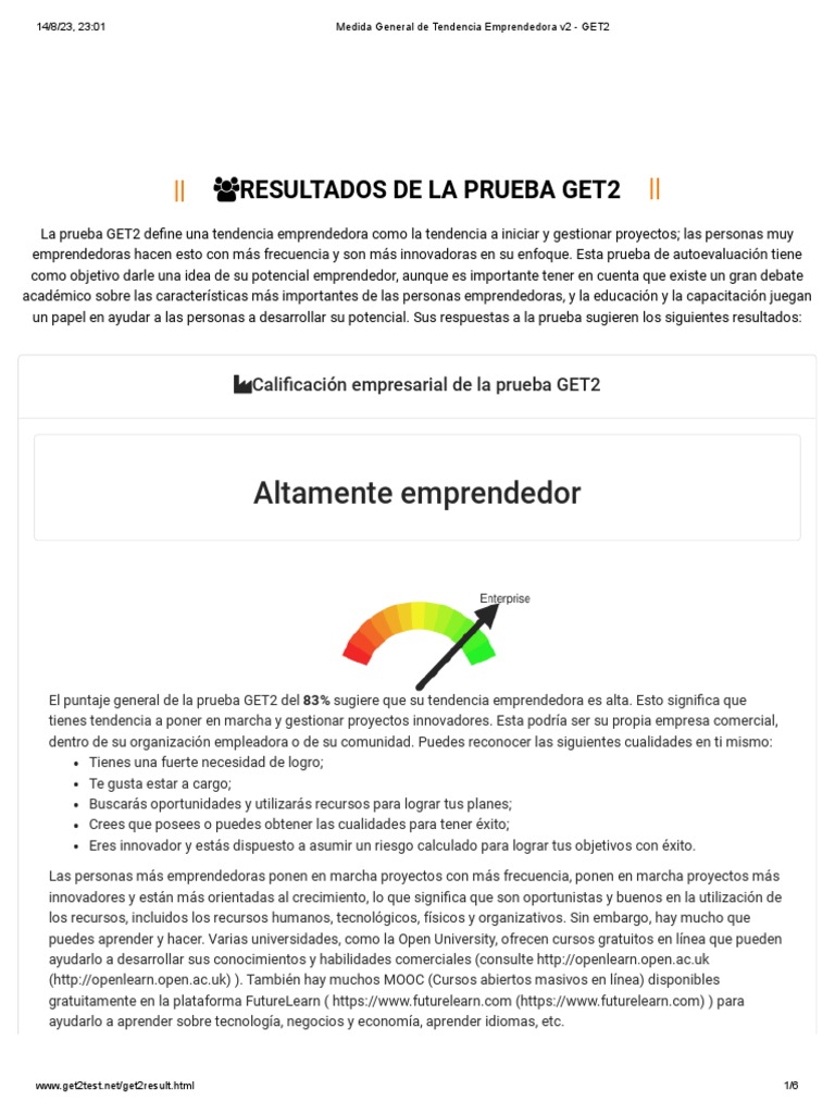 Resultados de la Prueba GET2 Emprendedora | PDF | Iniciativa empresarial