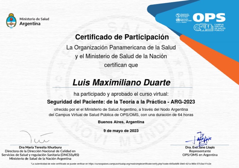 Certificado de Curso en Seguridad del Paciente | PDF
