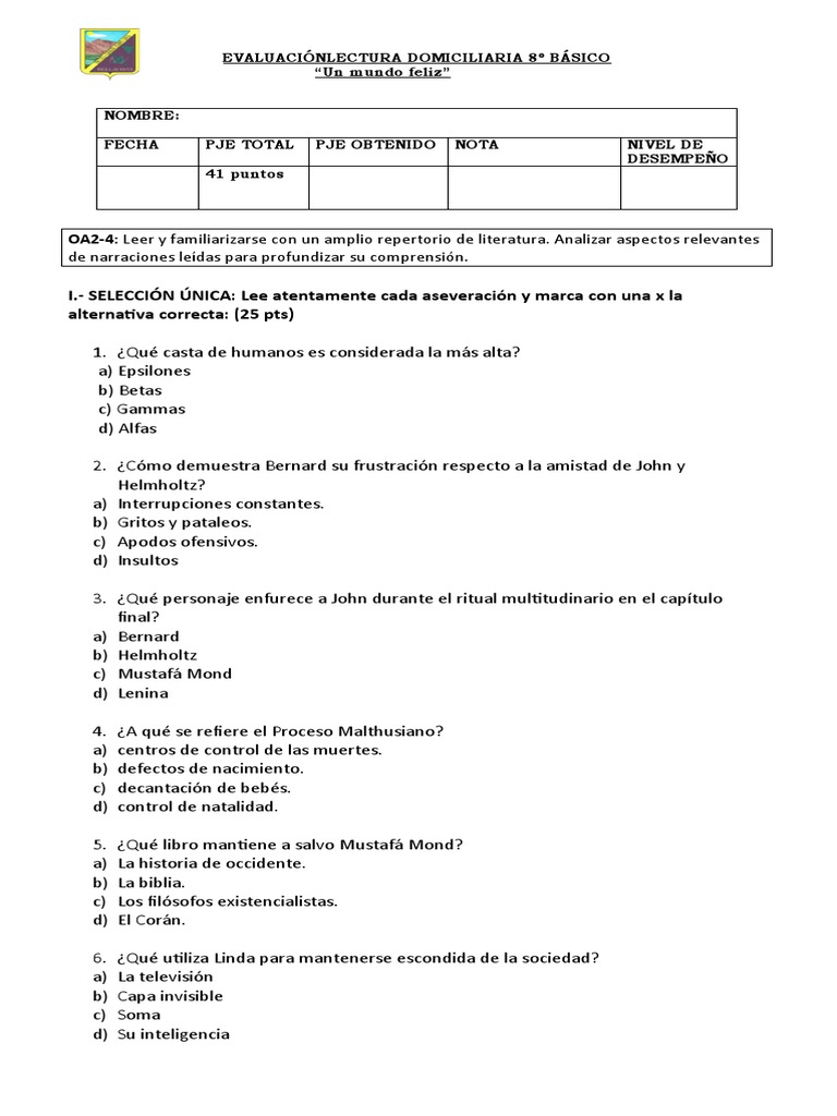 PRUEBA 8º JULIO Un Mundo Feliz | PDF