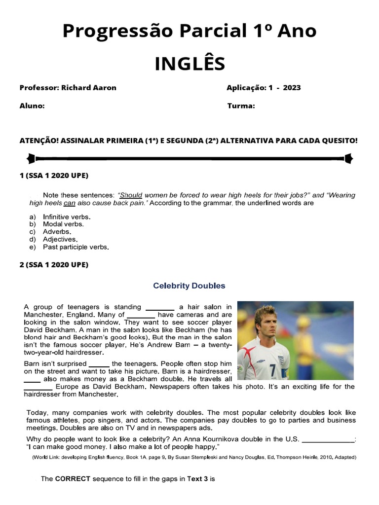 Progressão Parcial de Inglês 1º Ano | PDF