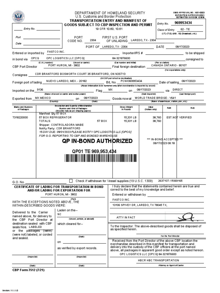 QP InBond Authorized Transportation Entry and Manifest of Goods