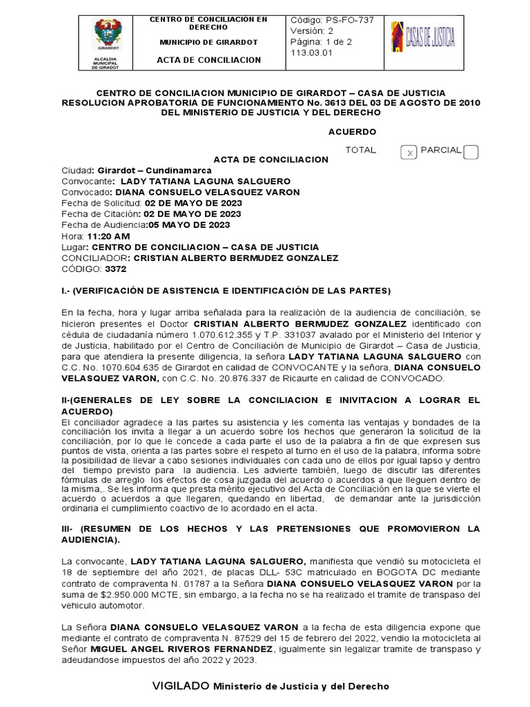 Acta de Conciliacion Monica Quimbayo | PDF | Justicia | Crimen y violencia