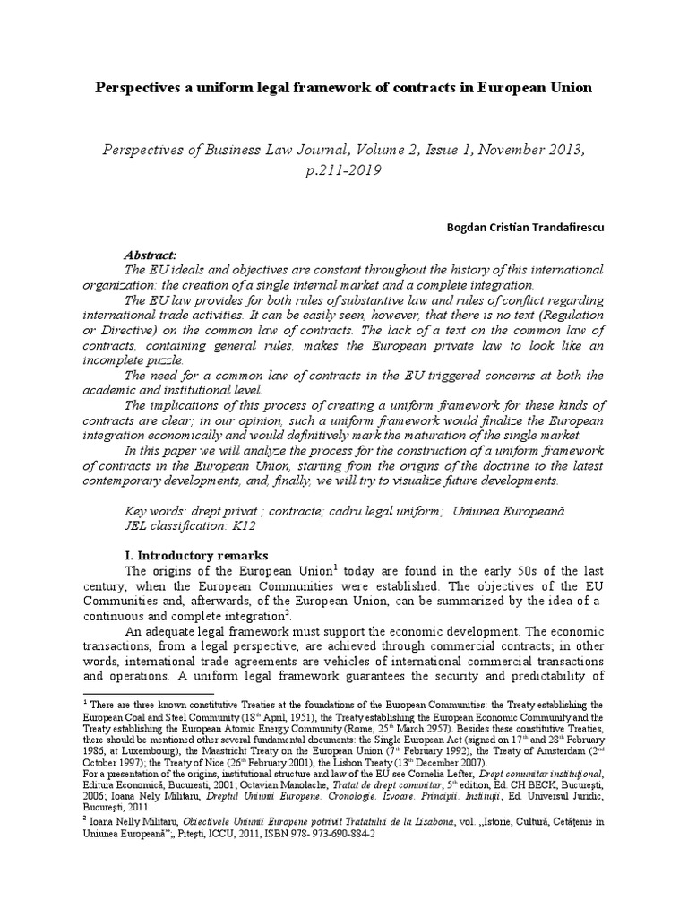 Perspectives A Uniform Legal Framework of Contracts in European Union PDF