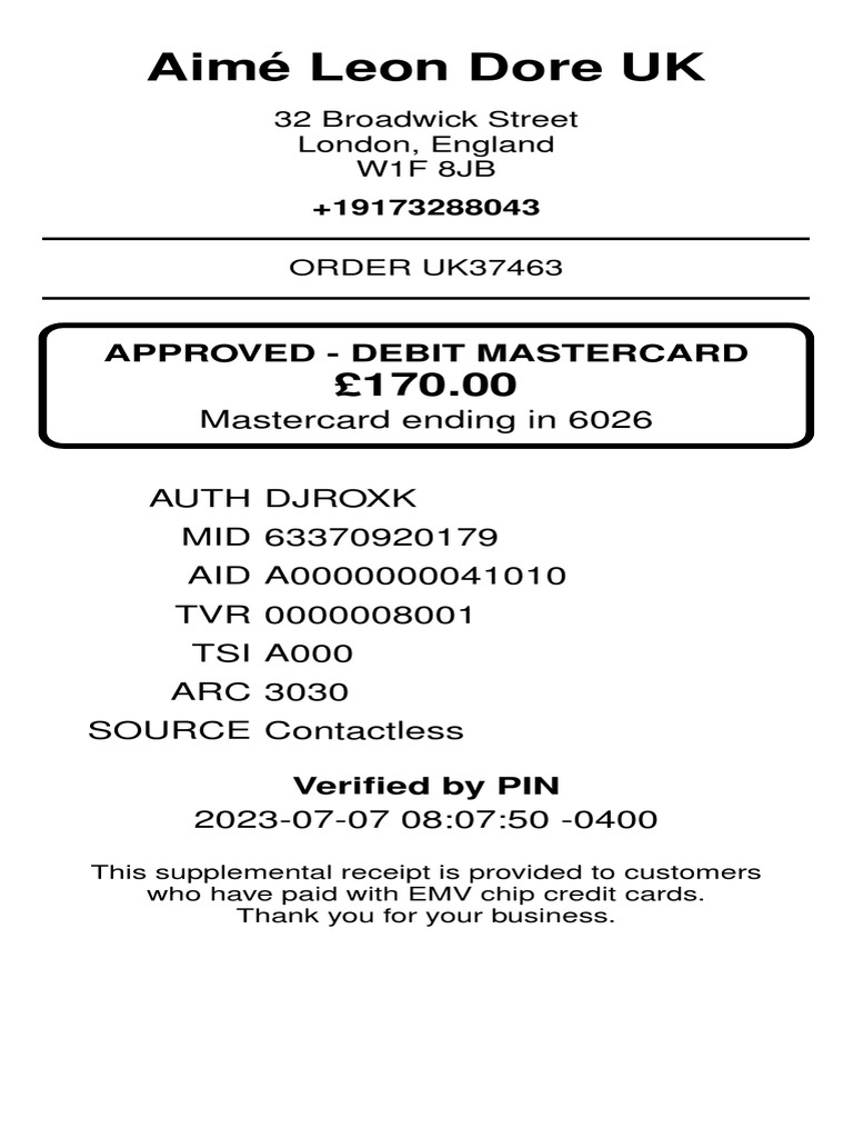 Aimé Leon Dore UK Order 37463 EMV Receipt | PDF