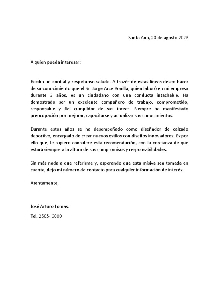 Carta de Recomendación Laboral | PDF