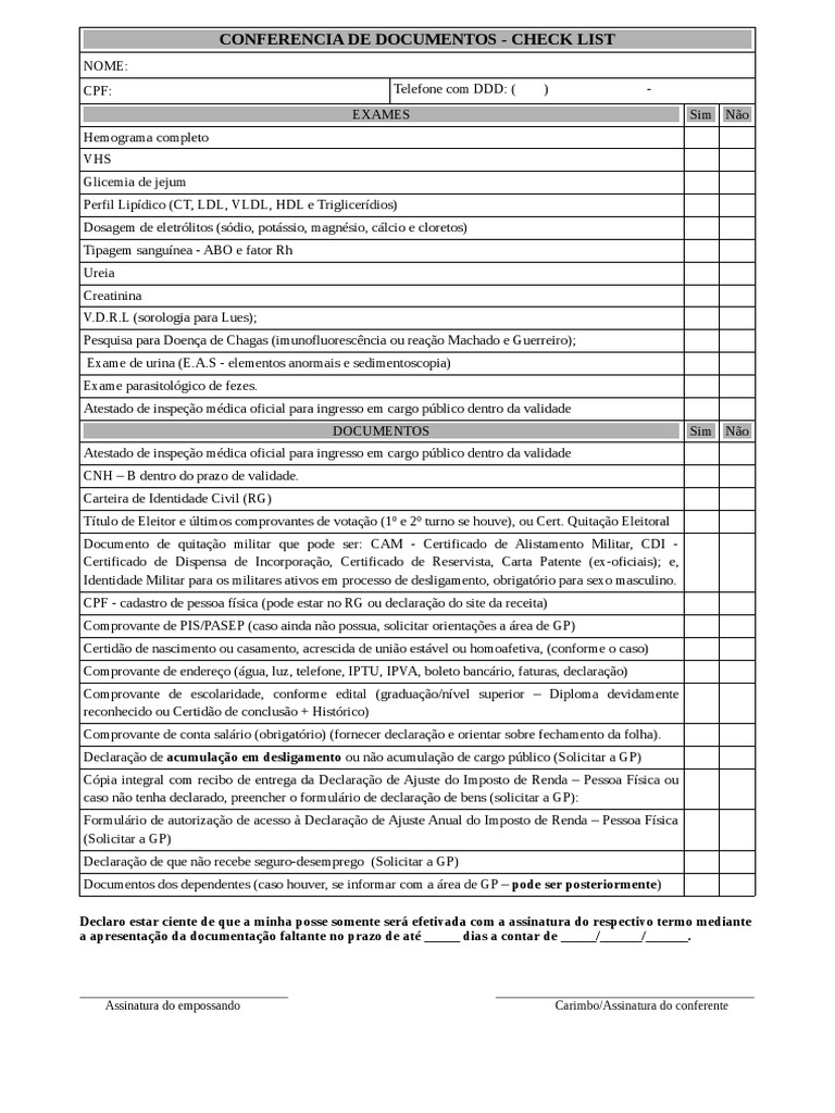 Check List de Documentos e Exames Médicos | PDF