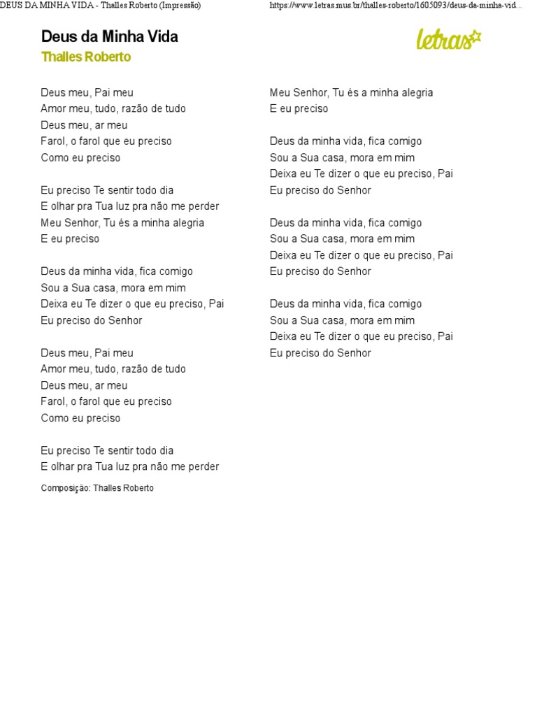 Deus Da Minha Vida Thalles Roberto Impressão Pdf