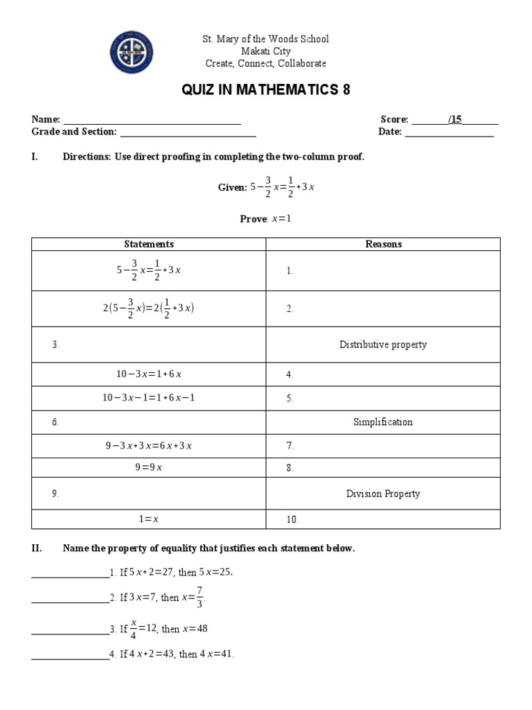 Grade 8 Quiz Direct Proof | PDF