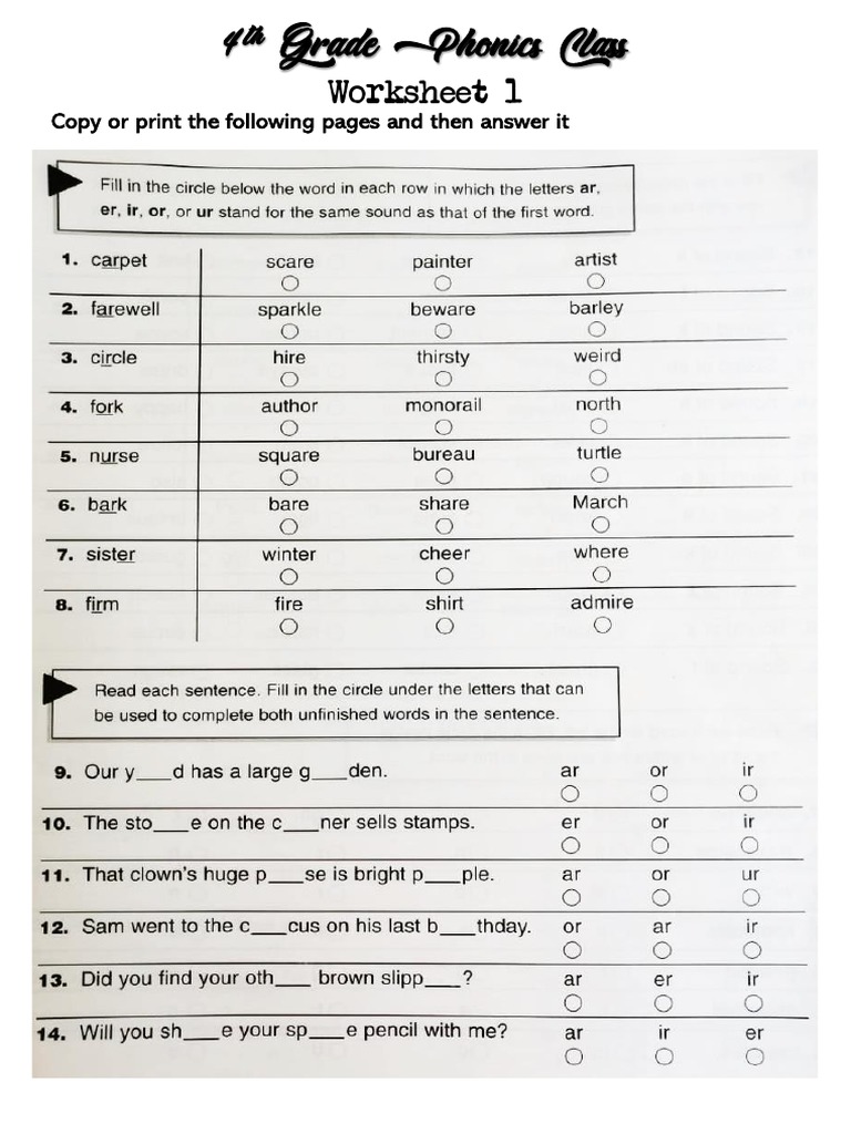 4th Grade Phonics Worksheet 1 PDF