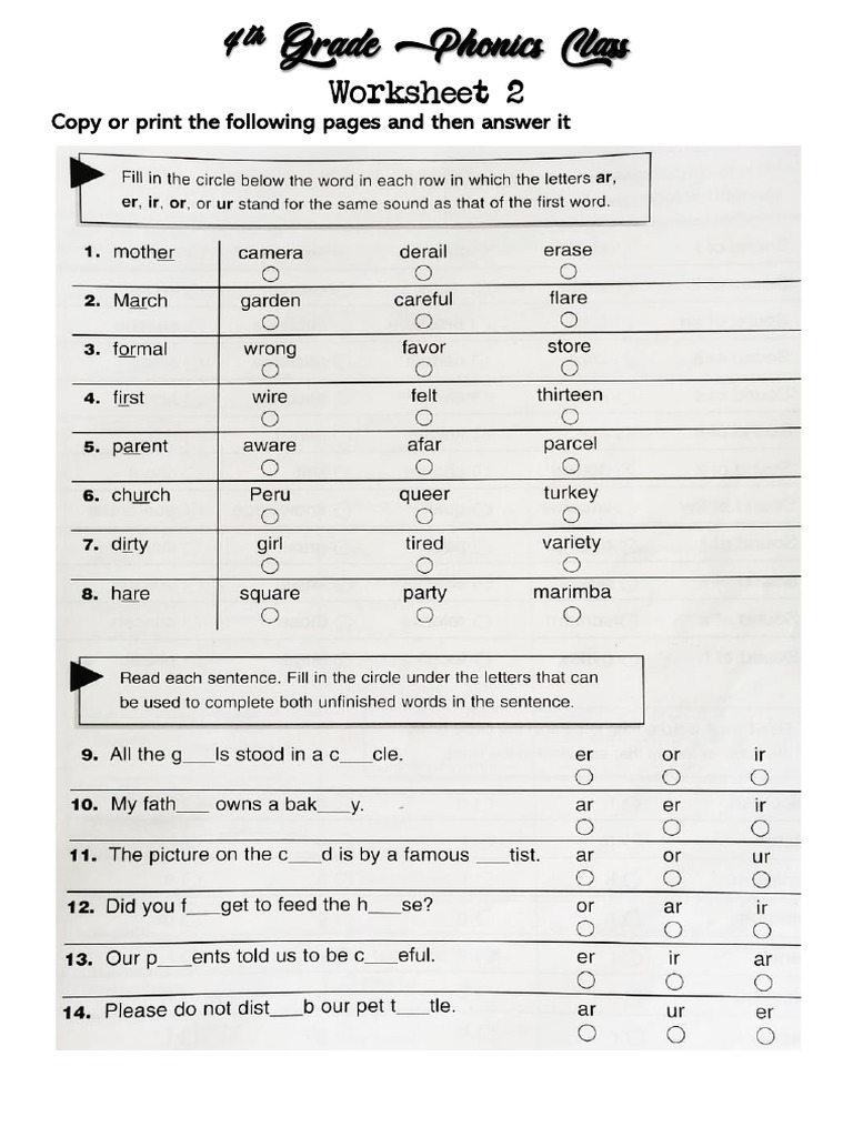 4th Grade Phonics Worksheet 2 PDF