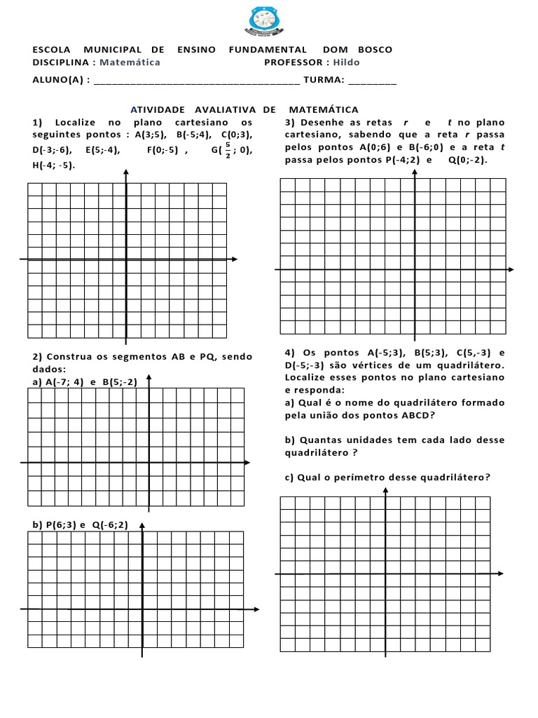 Atividade Avaliativa 01 - Sistema Cartesiano 9º Ano 2023 | PDF