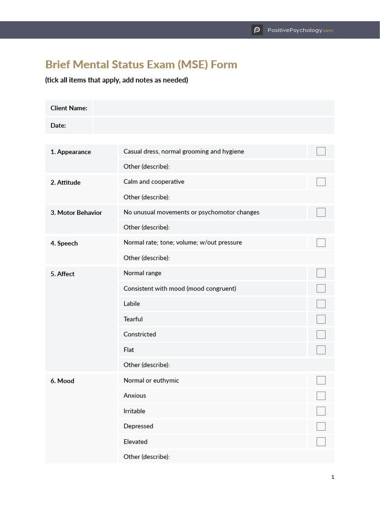 Brief Mental Status Exam MSE Form PDF Brain Neuroscience