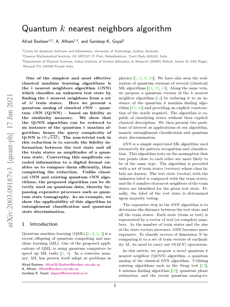Quantum K Nearest Neighbors Algorithm | PDF