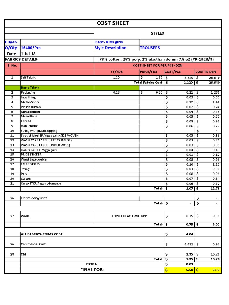 Garments Costing Sheet of Trouser PDF Human Appearance Consumer Goods