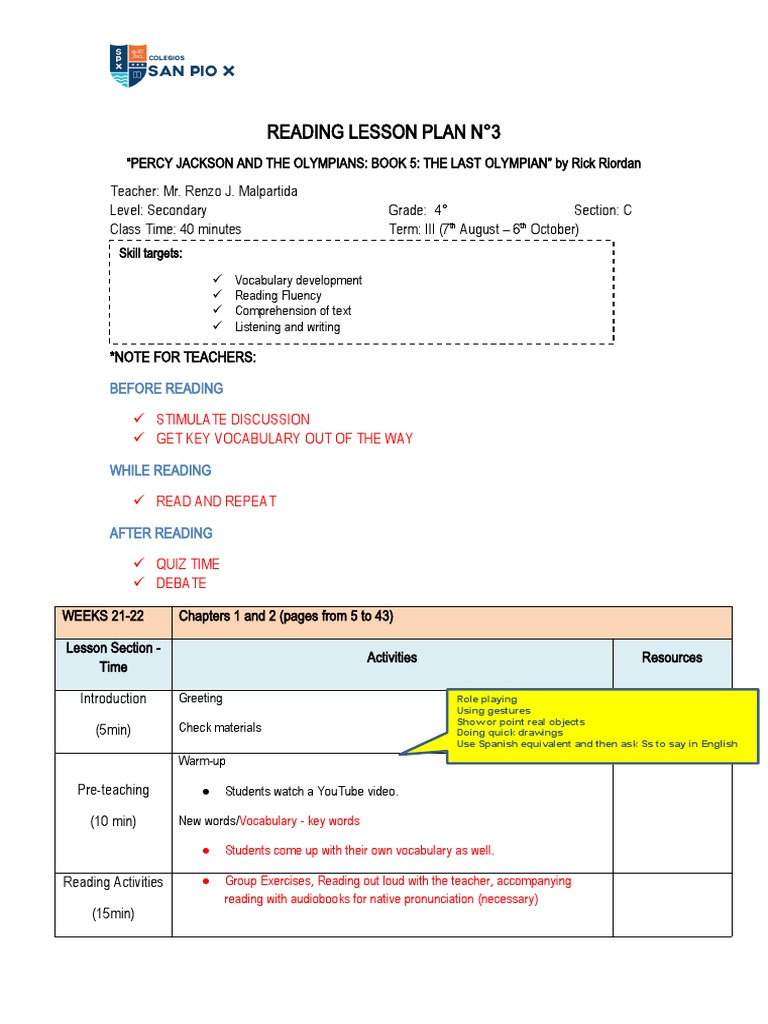 Percy Jackson Reading Lesson Plan | PDF | Reading Comprehension ...