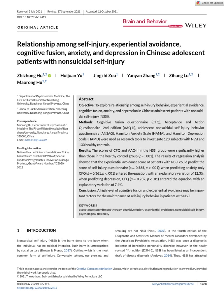 Brain and Behavior 2021 Hu Relationship Among Self Injury