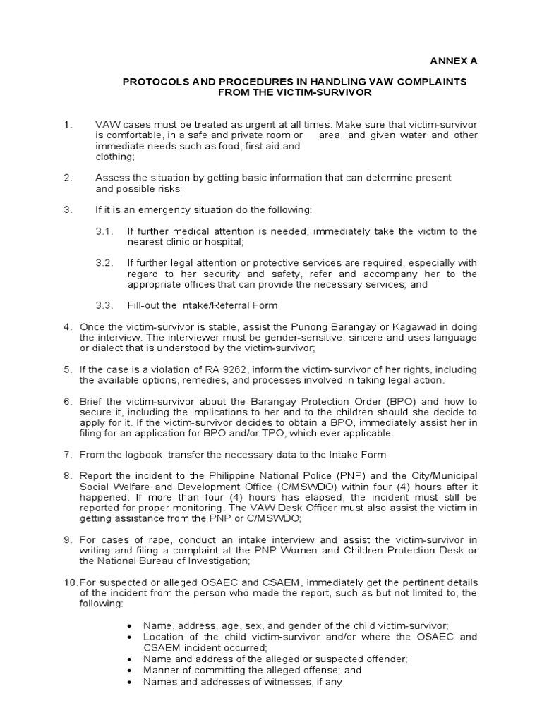 Annex a protocols and procedures in handling vaw complaints from the