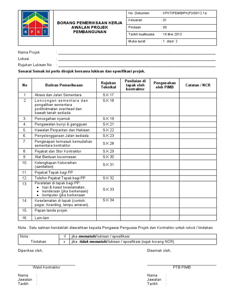 BORANG PEMERIKSAAN KERJA AWALAN PROJEK PEMBANGUNAN | PDF