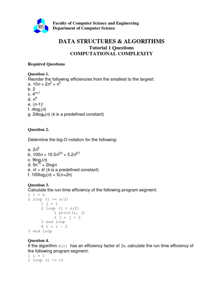 Data Structures & Algorithms Tutorial 1 | PDF