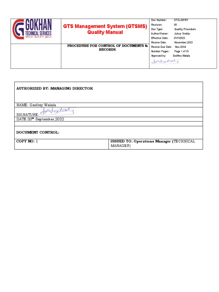 GTS Management System Document Control | PDF | Quality Management ...