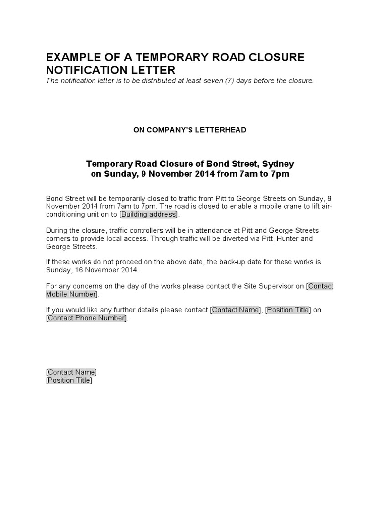Example of Road Closure Notification letter | PDF