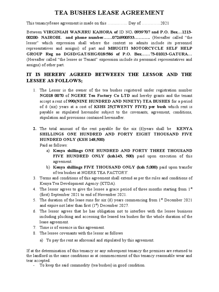 TEA BUSHES LEASE AGREEMENT Motorcycle SELF HELP GROUP PDF