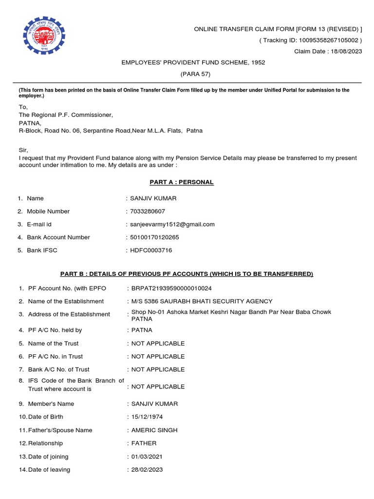Online PF Transfer Claim Form | PDF