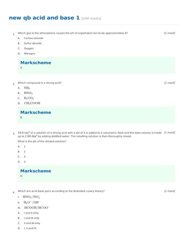 Acid-Base Chemistry Exam Questions | PDF