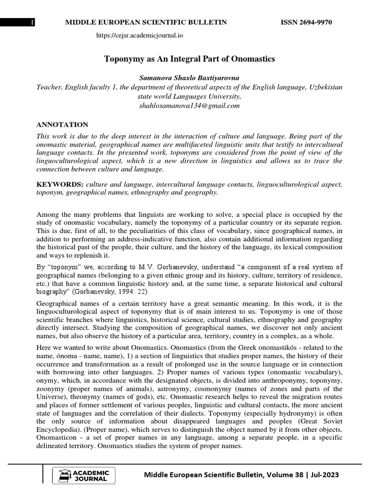 Toponymy in Linguoculturology Studies | PDF | Linguistics | Information