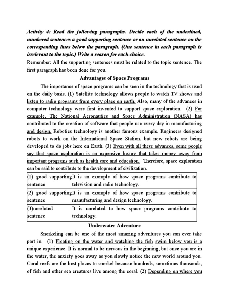 Supporting Sentences PDF Snorkeling Space Exploration