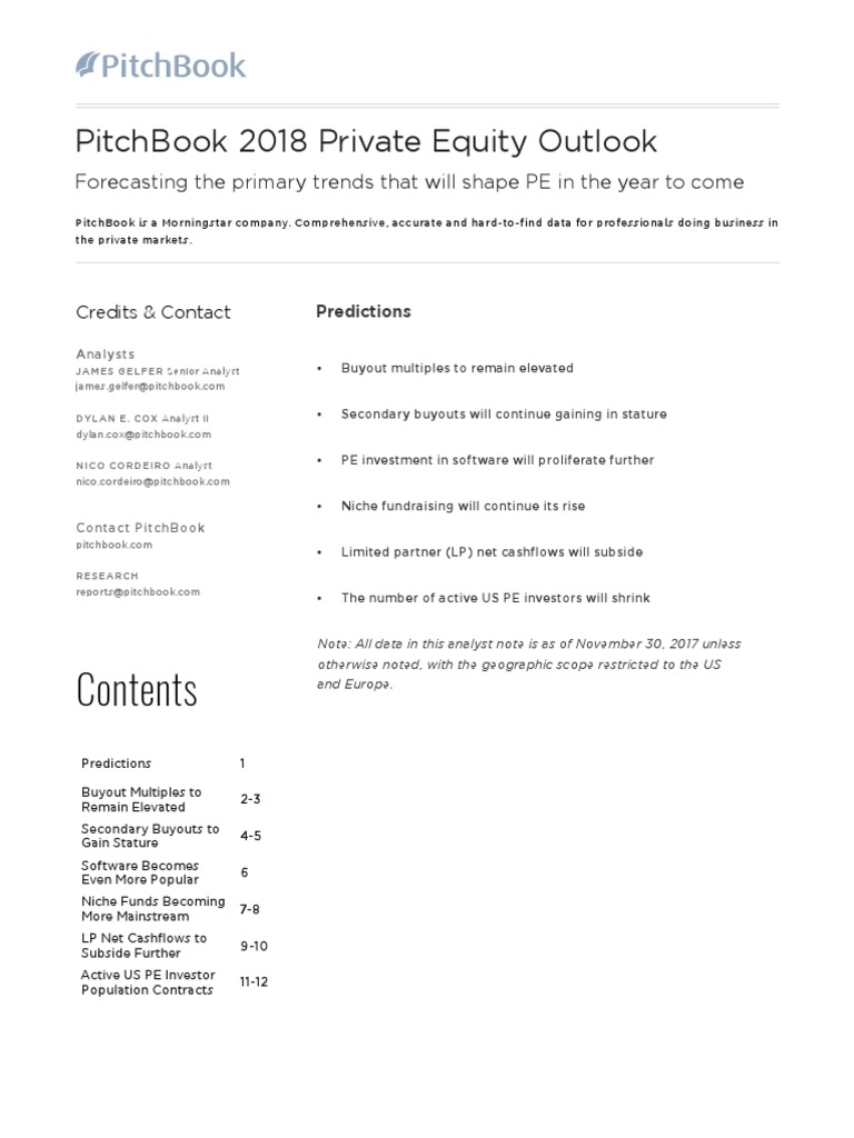 PitchBook 2018 PE Outlook PDF Private Equity Leveraged Buyout
