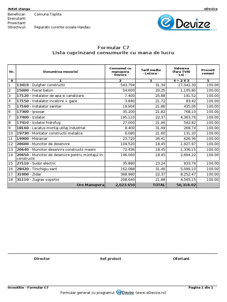 C7 Investitie Extras Manopera | PDF