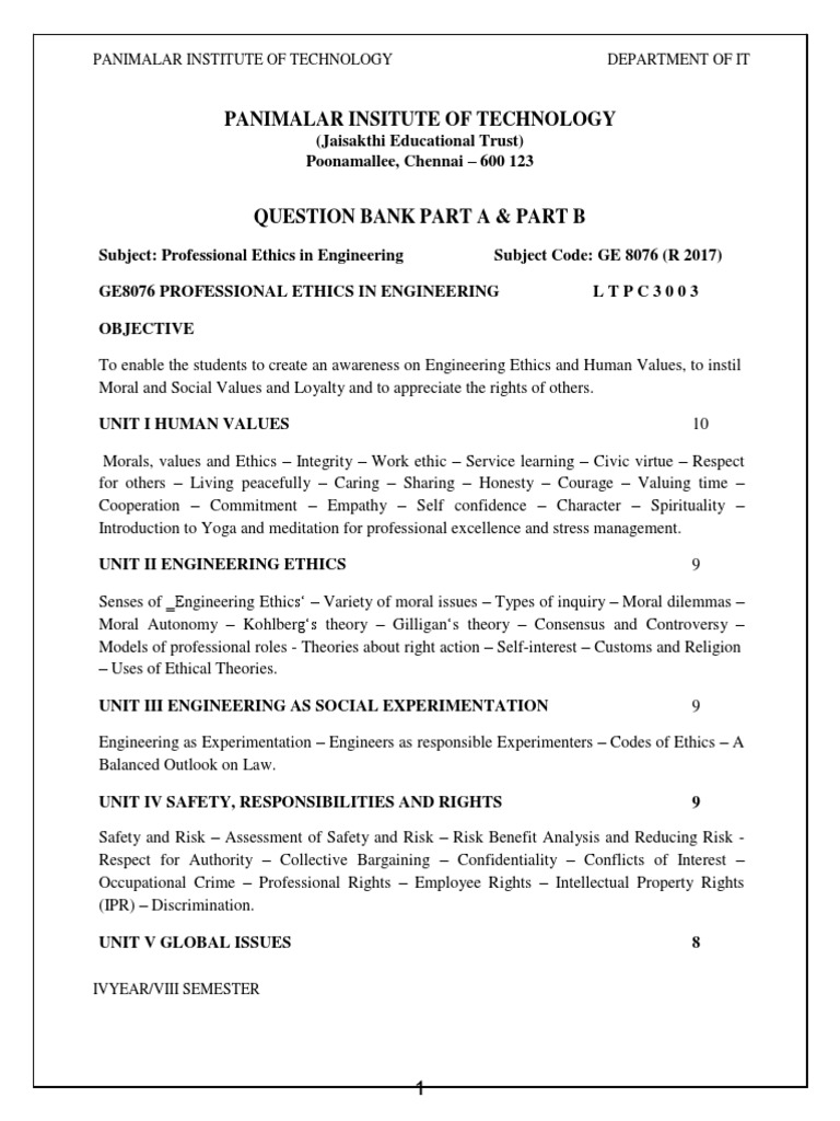 Professional Ethics in Engineering GE8076 | PDF | Morality | Risk