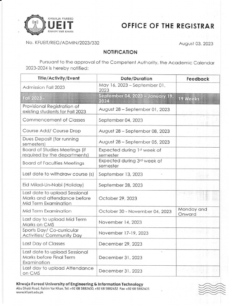 Academic Calendar 2023-2024 Notification | PDF