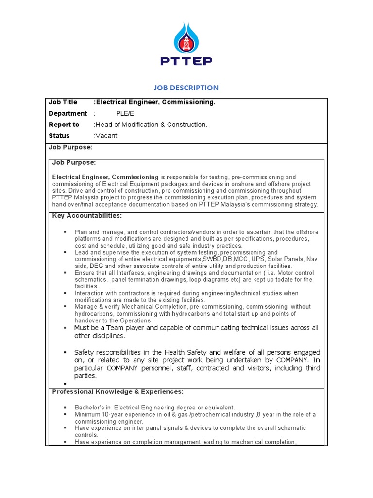 Job Description Electrical Engineer PDF
