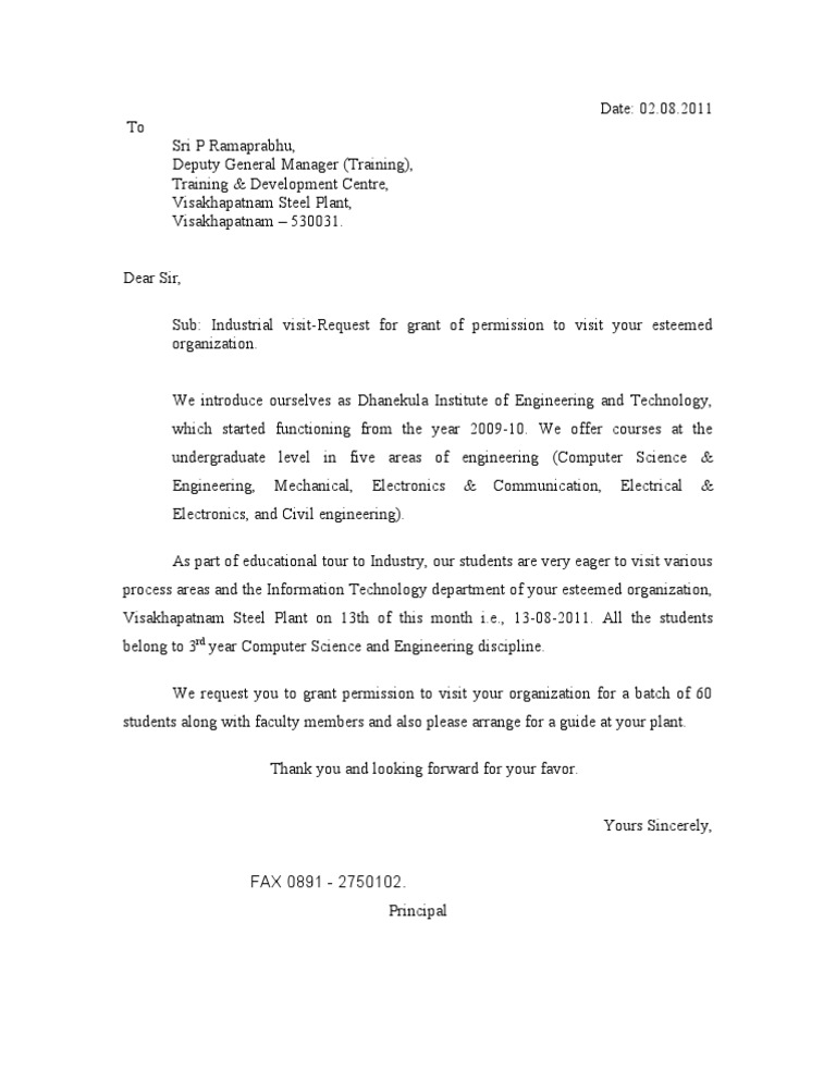 Industry Visit Request Letter