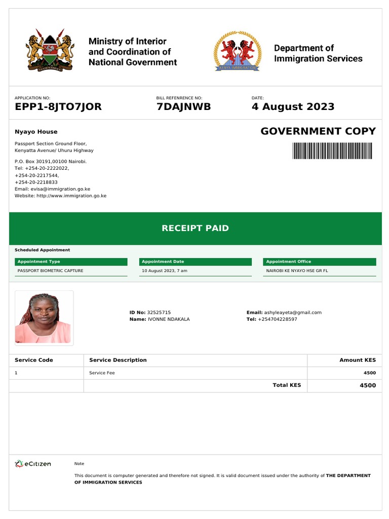 Immigration Receipt PDF