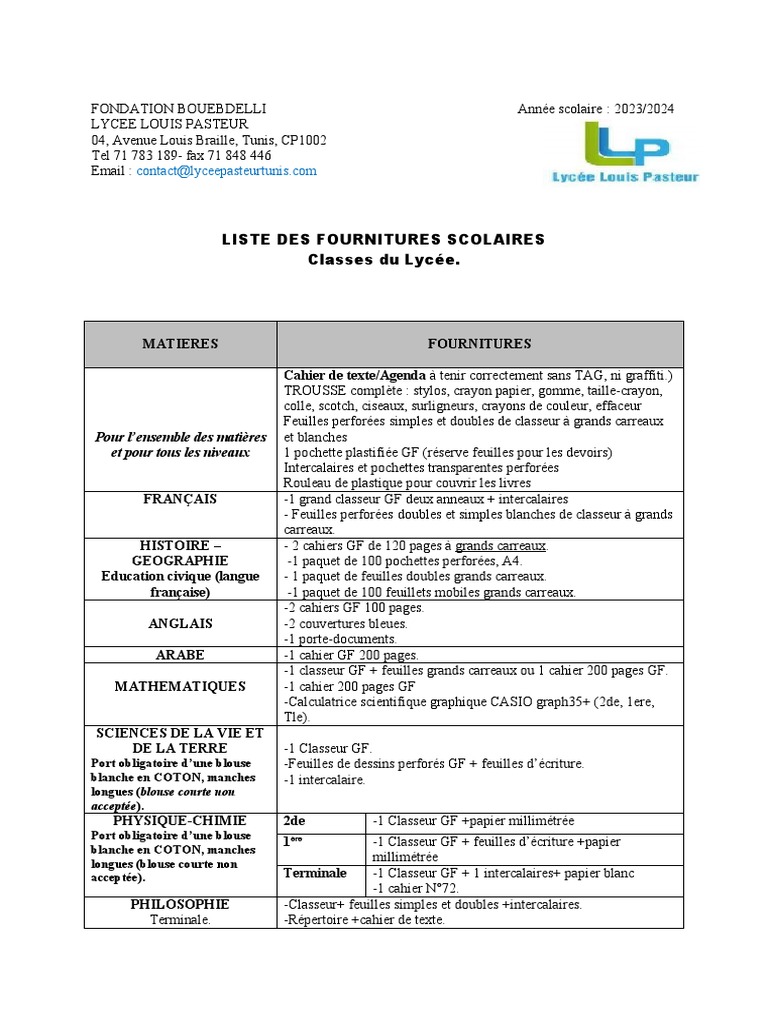 Fournitures Scolaires Lycee 2023-2024 | PDF | Matériel de bureau ...