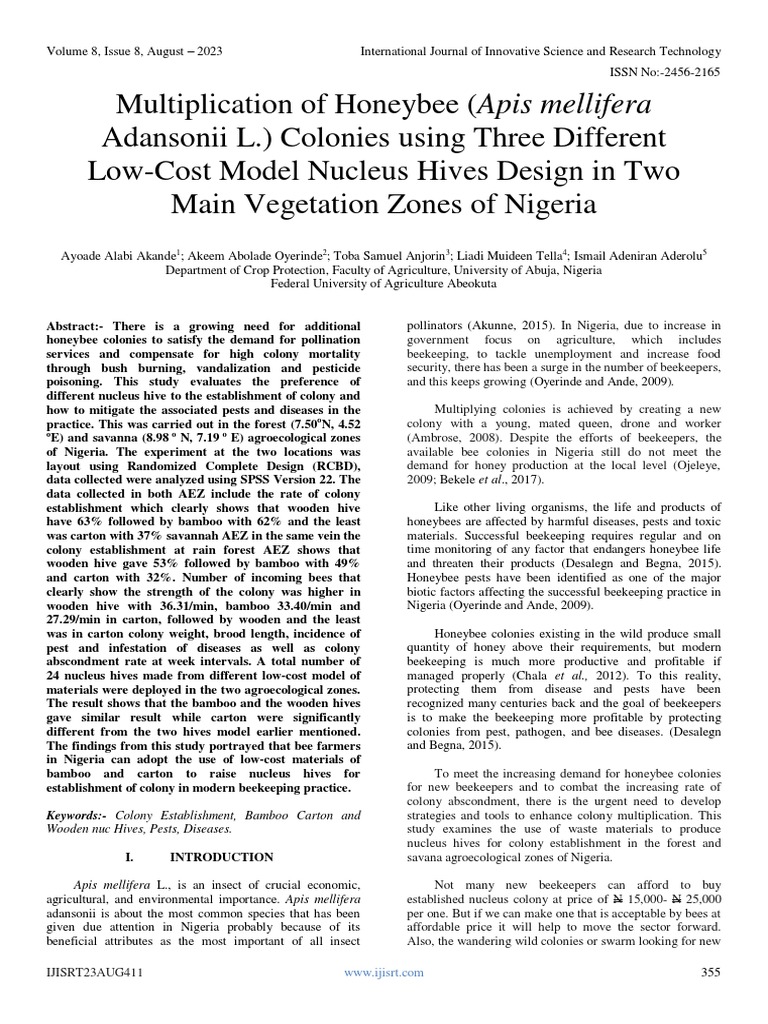Multiplication of Honeybee (Apis mellifera Adansonii L.) Colonies using ...
