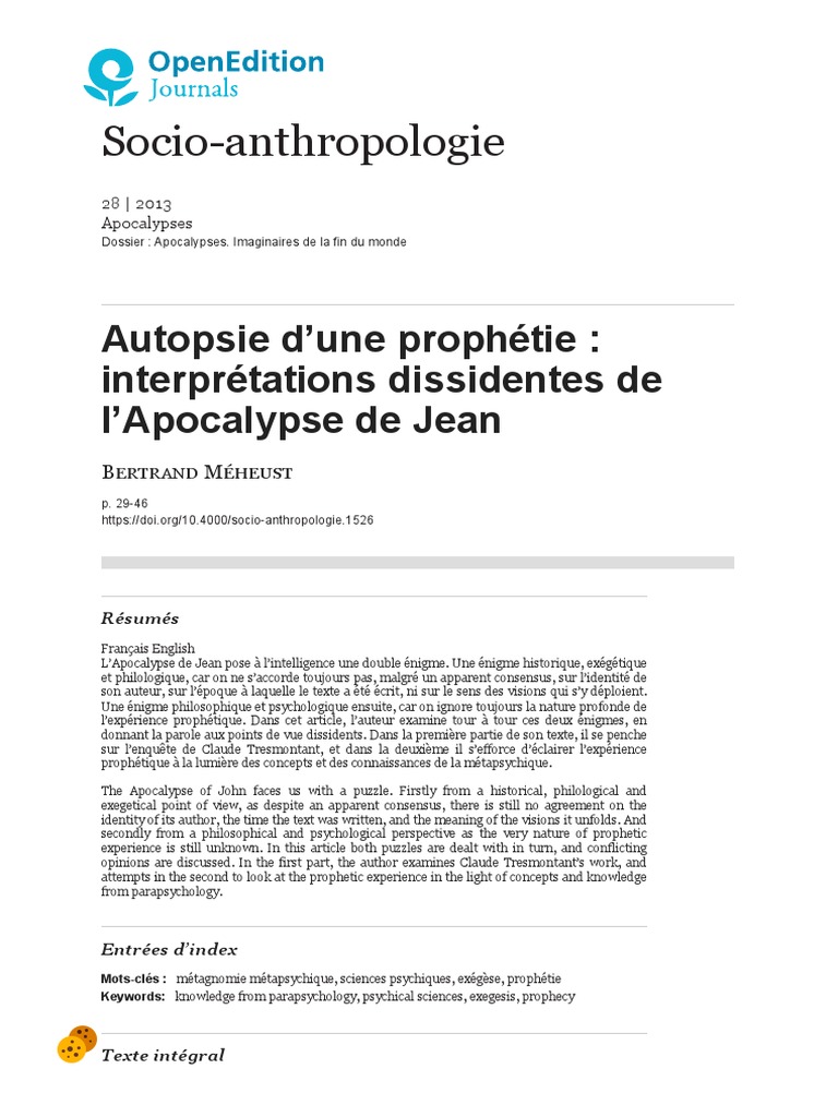 Autopsie D'une Prophétie Interprétations Dissidentes de L'apocalypse
